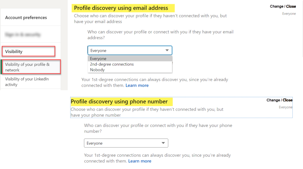 Profile discovery for email and phone settings Privacy Settings in LinkedIn