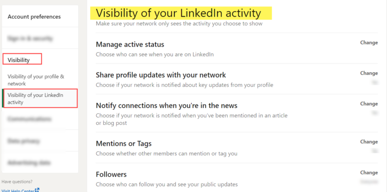 Activity Visibility Privacy Settings in LinkedIn