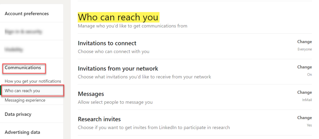 Communications Who can reach you settings in LinkedIn