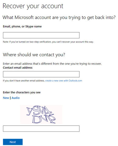 MS Account Recovery form