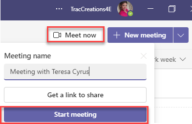 MS Teams Start Meeting Screen