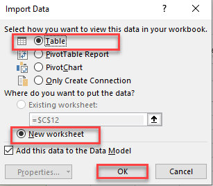 Excel import data options