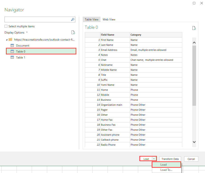 Excel Import from the Web