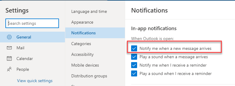 Outlook Desktop Notification Alerts General Tab