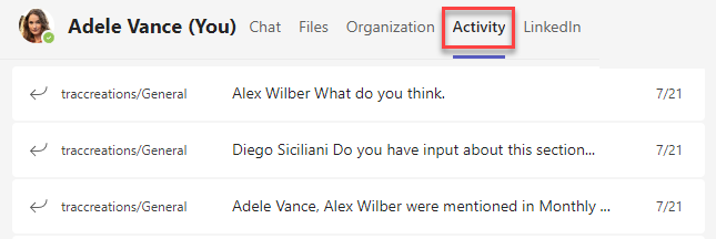 Activity Tab in MS Teams