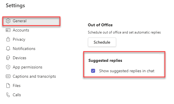Settings Screen for Disable Suggested Replies in Teams