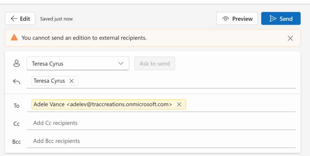Send Outlook Newsletter Externally Error Message