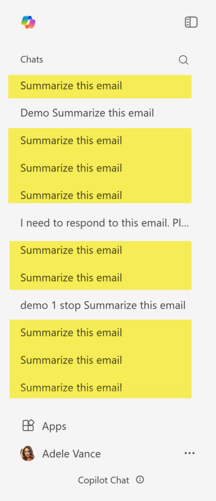 Copilot Chat History Screen Outlook Email Summaries