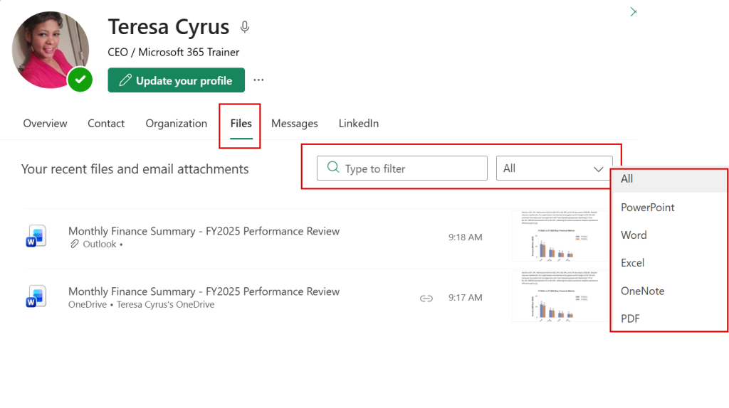 New Outlook Profile Card Files View