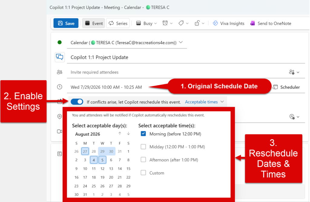 Copilot rescheduling in Outlook showing acceptable days and times for a meeting