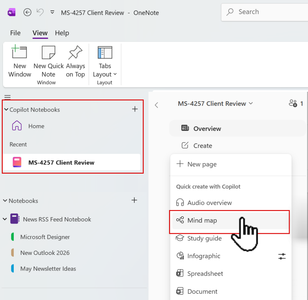 Copilot Notebook Mind Map Access through OneNote