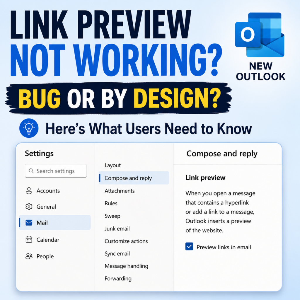 Outlook Link Preview setting in New Outlook showing the Preview links in email option.