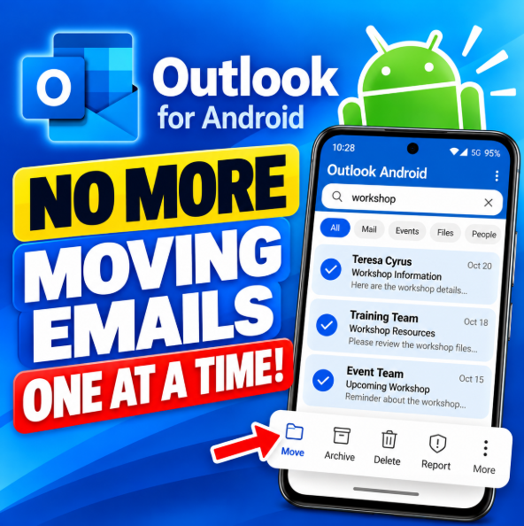 Outlook for Android search results showing three selected emails and the Move action highlighted on a smartphone.
