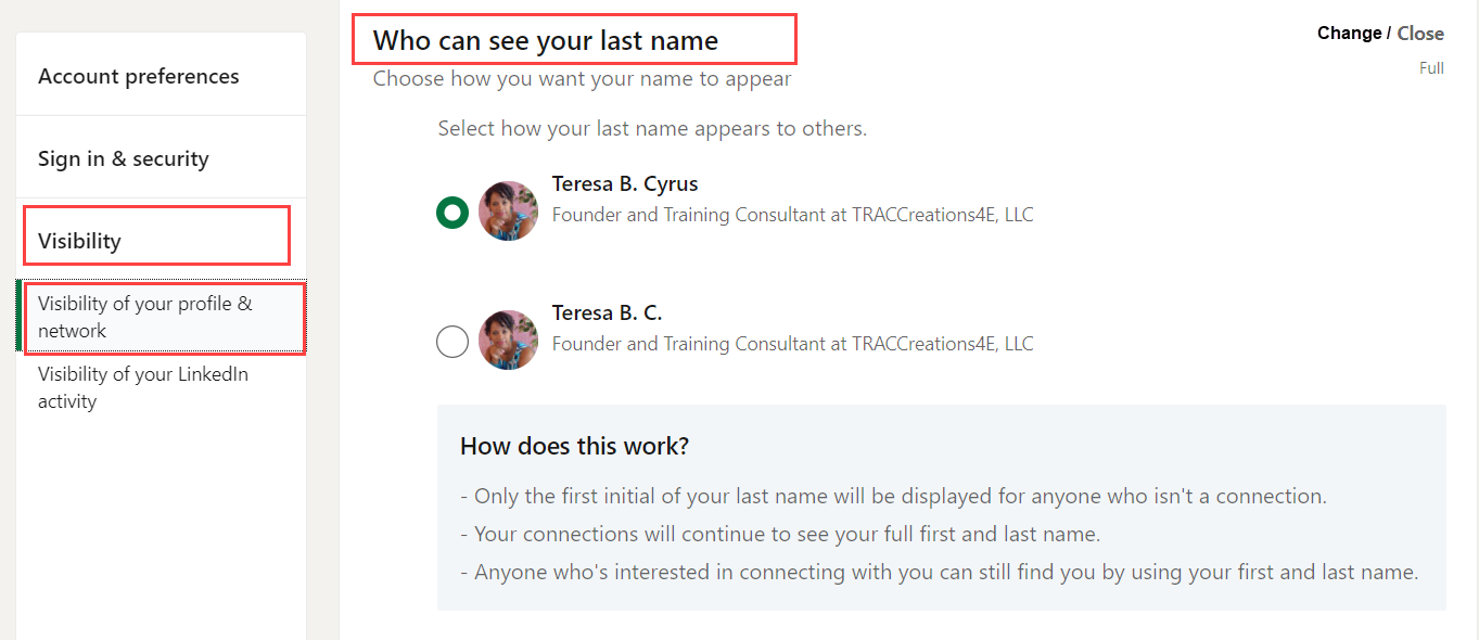 Who can see your last name in LinkedIn